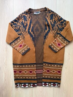 Vintage-Inspired Brown Patterned Open Cardigan Sweater